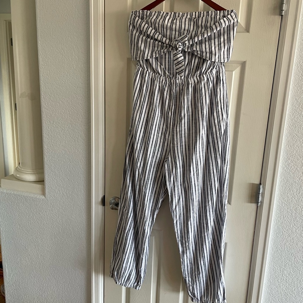 Aerie Strapless Blue and White Striped Jumpsuit